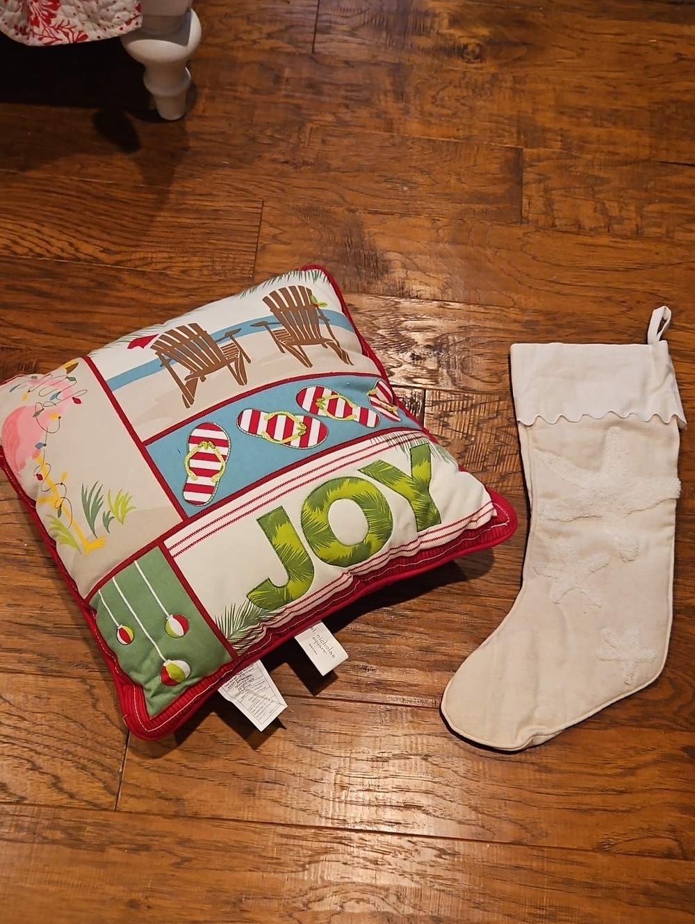 Joy Holiday Decorative Pillow - Red and Green AND Starfish Stocking
